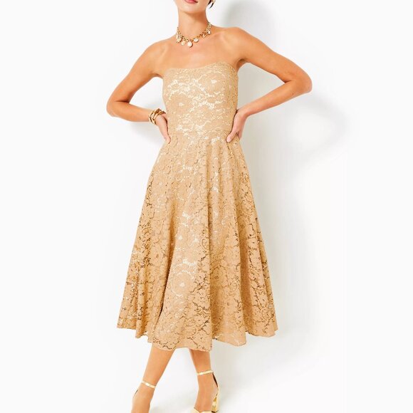 Lilly Pulitzer Dresses & Skirts - Lilly Pulitzer Aubrianna Strapless Gold Metallic Lace Floral Sweethea Midi Dress
